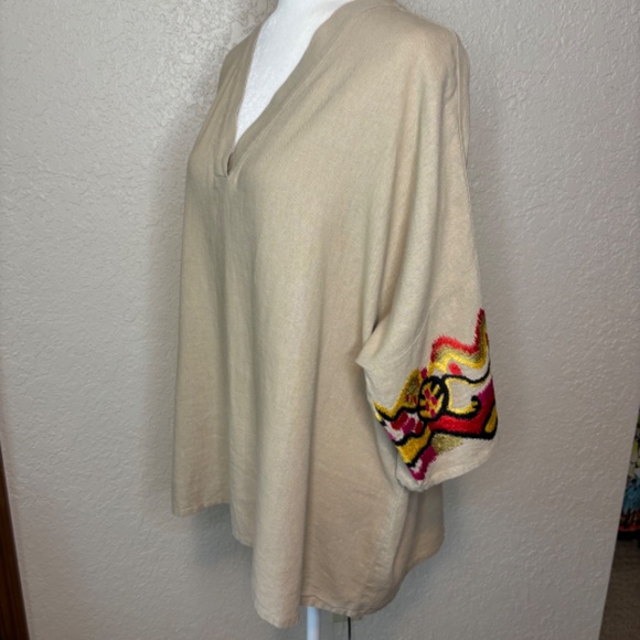 Natori Beige Tan Embroidery Linen V-Neck Dolman Sleeve Tunic Top Women's Size L - Picture 10 of 17